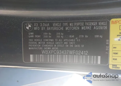 2007 BMW X3 3.0Si из США, поврежденный, VIN WBXPC93437WF02412